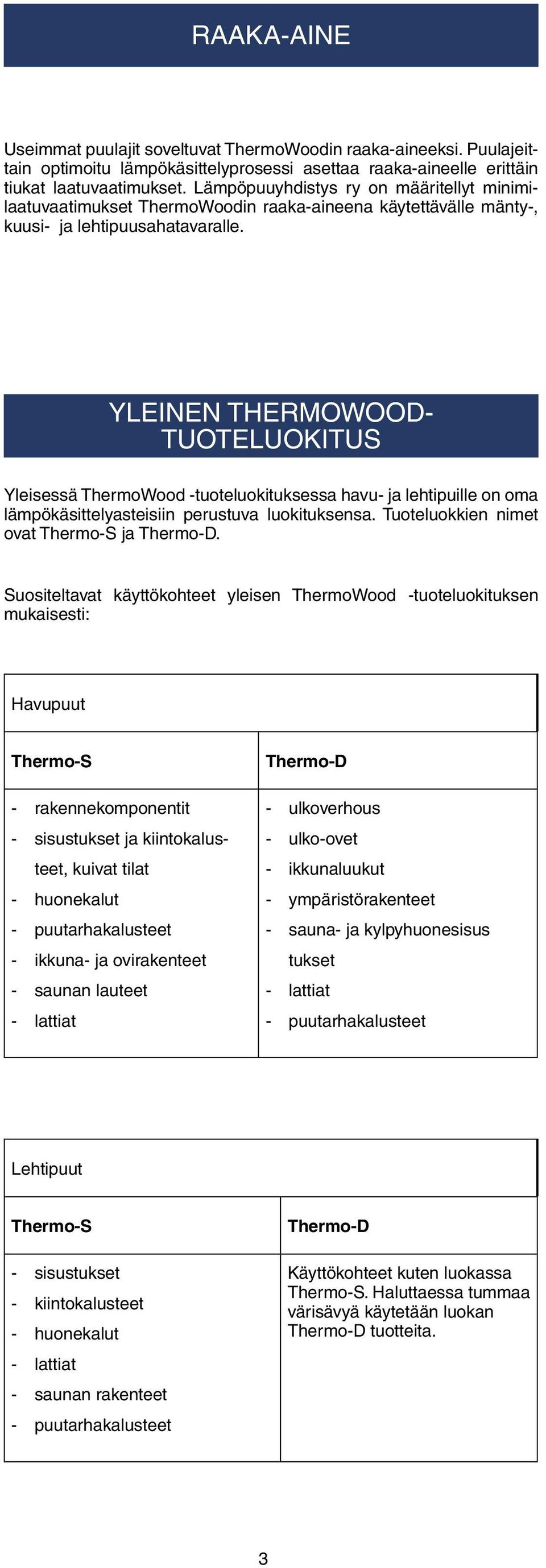 YLEINEN THERMOWOOD- TUOTELUOKITUS Yleisessä ThermoWood -tuoteluokituksessa havu- ja lehtipuille on oma lämpökäsittelyasteisiin perustuva luokituksensa. Tuoteluokkien nimet ovat Thermo-S ja Thermo-D.