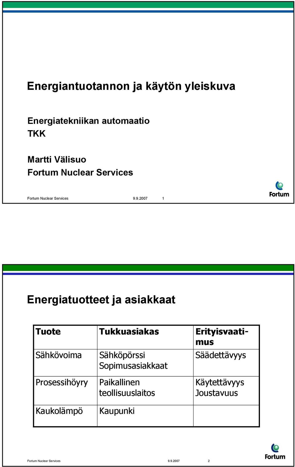 9.2007 1 Energiatuotteet ja asiakkaat Tuote Tukkuasiakas Erityisvaatimus