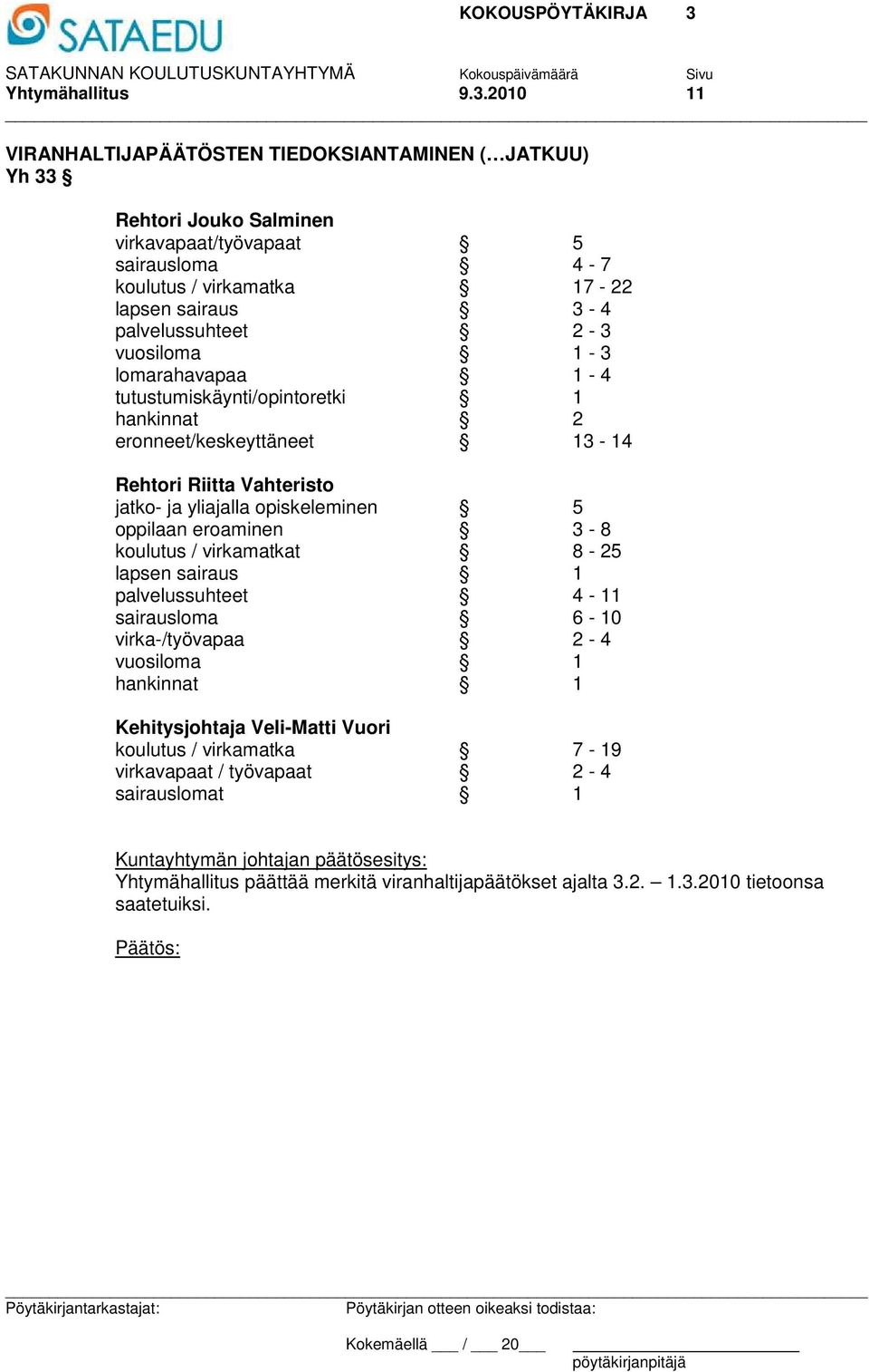 palvelussuhteet 2-3 vuosiloma 1-3 lomarahavapaa 1-4 tutustumiskäynti/opintoretki 1 hankinnat 2 eronneet/keskeyttäneet 13-14 Rehtori Riitta Vahteristo jatko- ja yliajalla