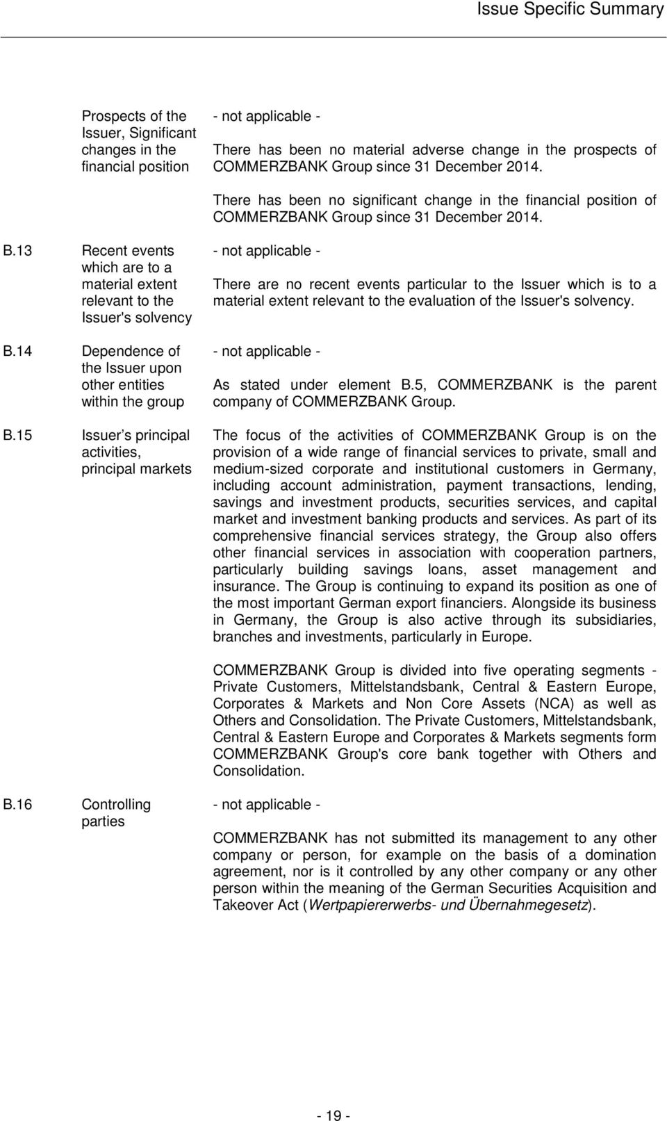 13 Recent events which are to a material extent relevant to the Issuer's solvency B.14 Dependence of the Issuer upon other entities within the group B.