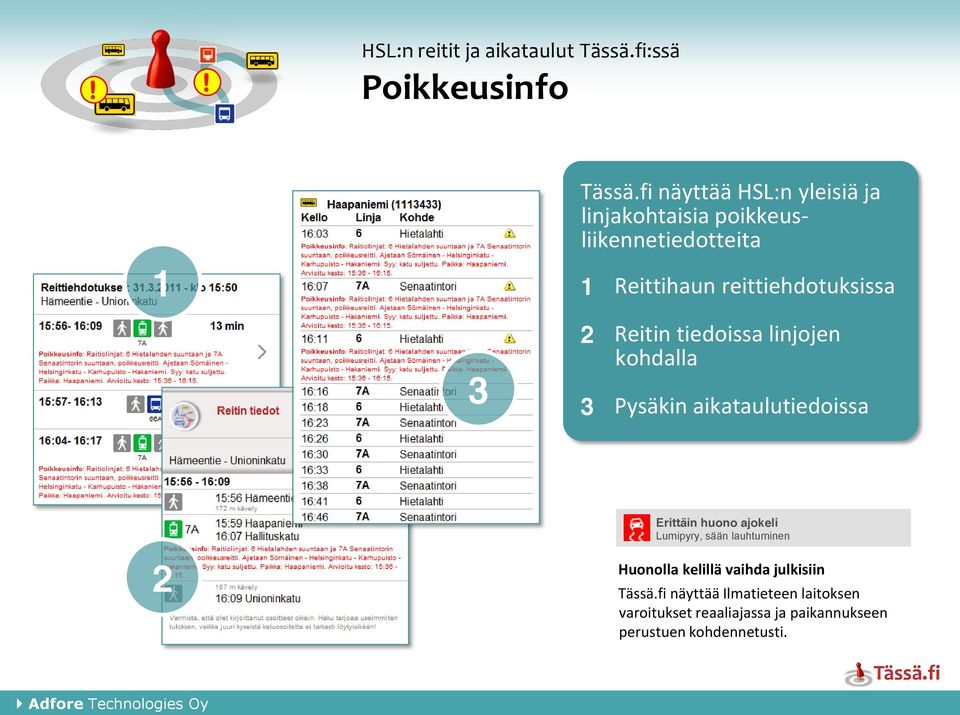 tiedoissa linjojen kohdalla Pysäkin aikataulutiedoissa Erittäin huono ajokeli Lumipyry, sään lauhtuminen