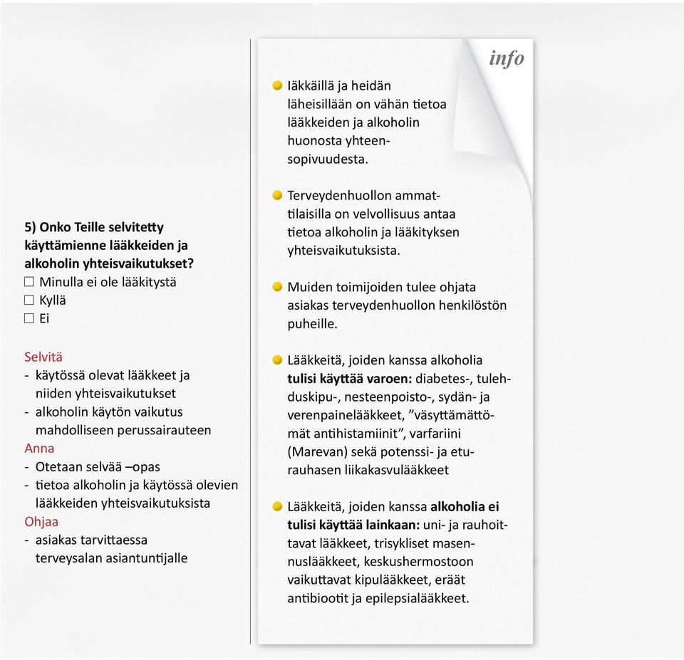 alkoholin ja käytössä olevien lääkkeiden yhteisvaikutuksista Ohjaa - asiakas tarvittaessa terveysalan asiantuntijalle Terveydenhuollon ammattilaisilla on velvollisuus antaa tietoa alkoholin ja