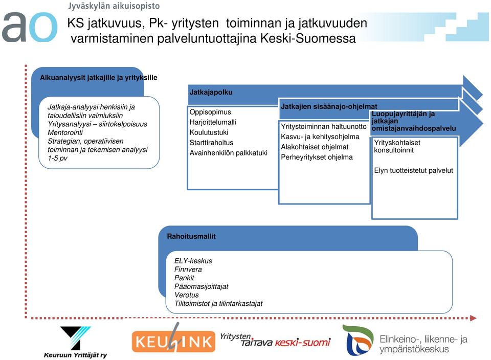 Starttirahoitus Avainhenkilön palkkatuki Jatkajien sisäänajo-ohjelmat Yritystoiminnan haltuunotto Kasvu- ja kehitysohjelma Alakohtaiset ohjelmat Perheyritykset ohjelma Luopujayrittäjän