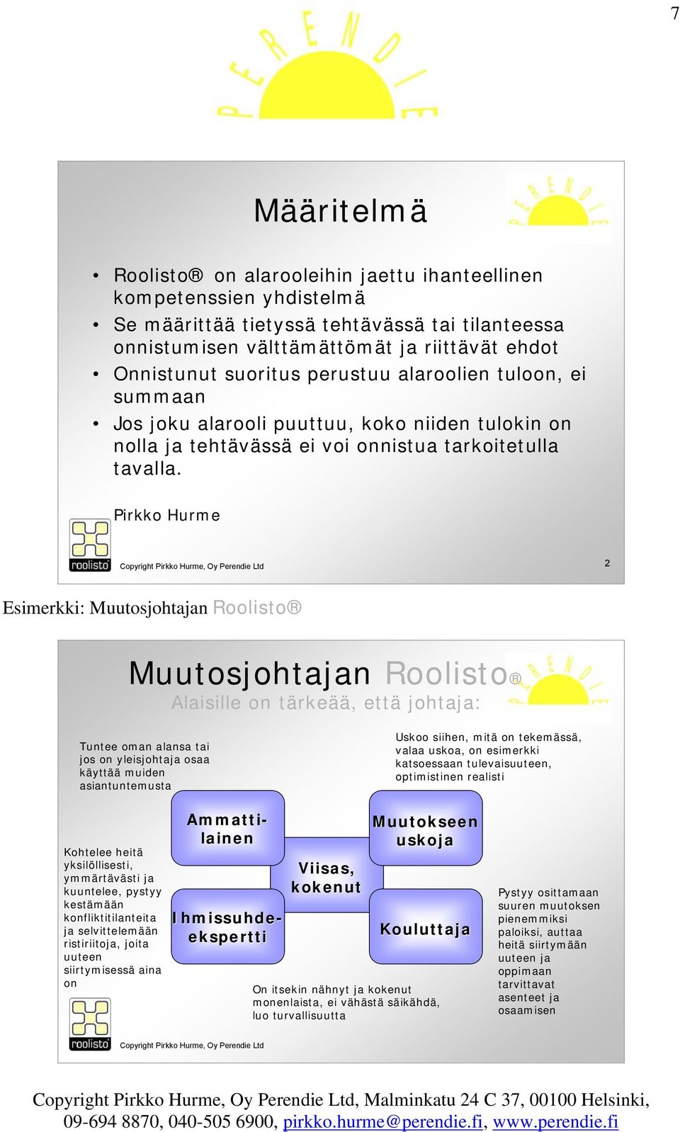Pirkko Hurme 2 Esimerkki: Muutosjohtajan Roolisto Muutosjohtajan Roolisto Alaisille on tärkeää, että johtaja: Tuntee oman alansa tai jos on yleisjohtaja osaa käyttää muiden asiantuntemusta Uskoo