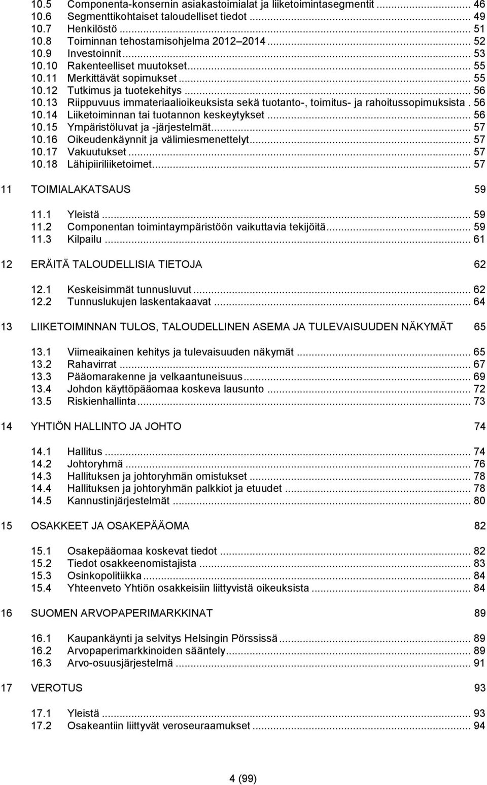 13 Riippuvuus immateriaalioikeuksista sekä tuotanto-, toimitus- ja rahoitussopimuksista. 56 10.14 Liiketoiminnan tai tuotannon keskeytykset... 56 10.15 Ympäristöluvat ja -järjestelmät... 57 10.