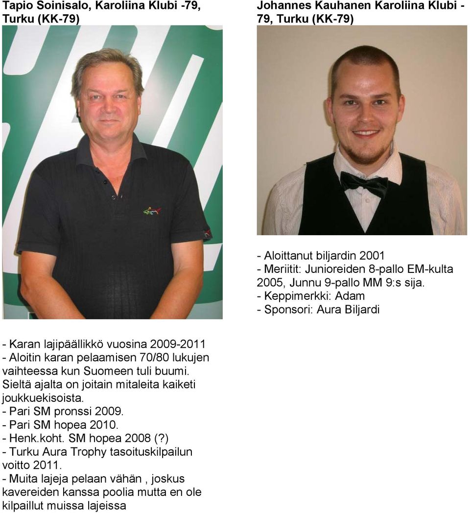 - Keppimerkki: Adam - Sponsori: Aura Biljardi - Karan lajipäällikkö vuosina 2009-2011 - Aloitin karan pelaamisen 70/80 lukujen vaihteessa kun Suomeen tuli buumi.