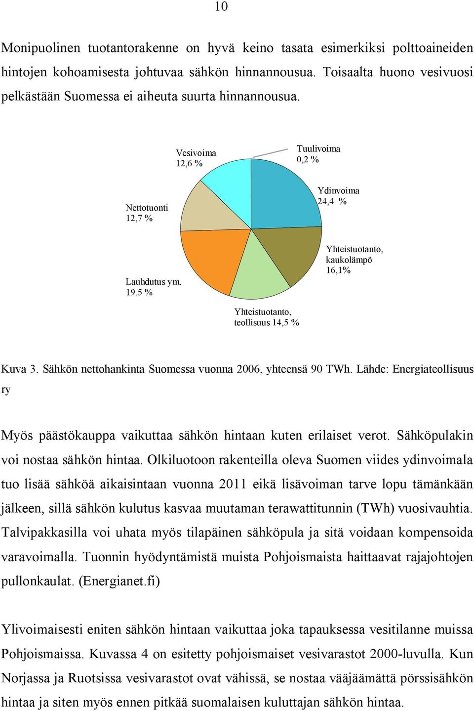 19,5 % Yhteistuotanto, kaukolämpö 16,1% Yhteistuotanto, teollisuus 14,5 % Kuva 3. Sähkön nettohankinta Suomessa vuonna 2006, yhteensä 90 TWh.