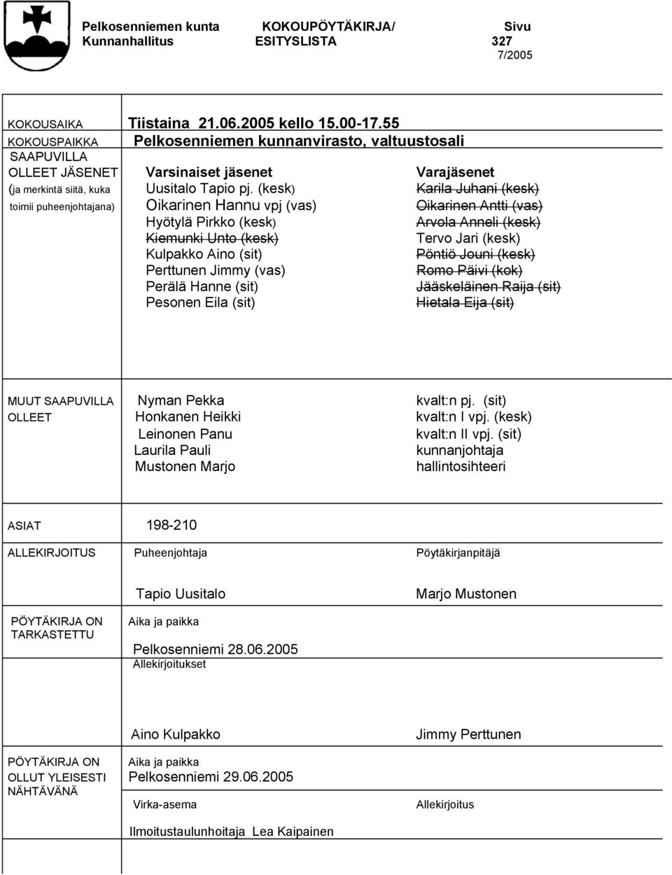 (kesk) Karila Juhani (kesk) toimii puheenjohtajana) Oikarinen Hannu vpj (vas) Oikarinen Antti (vas) Hyötylä Pirkko (kesk) Arvola Anneli (kesk) Kiemunki Unto (kesk) Tervo Jari (kesk) Kulpakko Aino