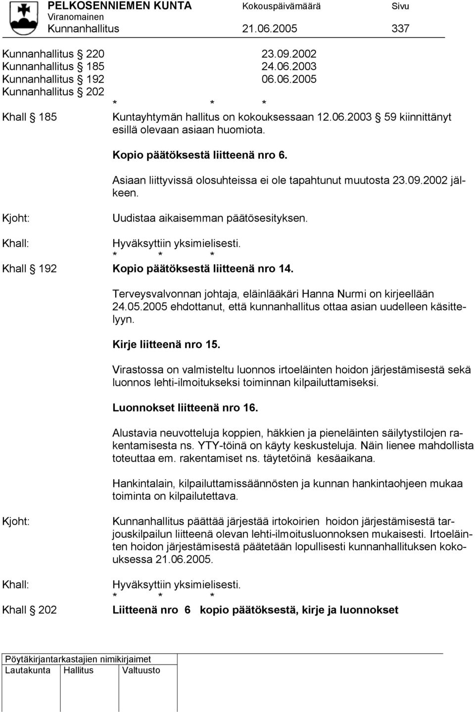 * * * Khall 192 Kopio päätöksestä liitteenä nro 14. Terveysvalvonnan johtaja, eläinlääkäri Hanna Nurmi on kirjeellään 24.05.2005 ehdottanut, että kunnanhallitus ottaa asian uudelleen käsittelyyn.