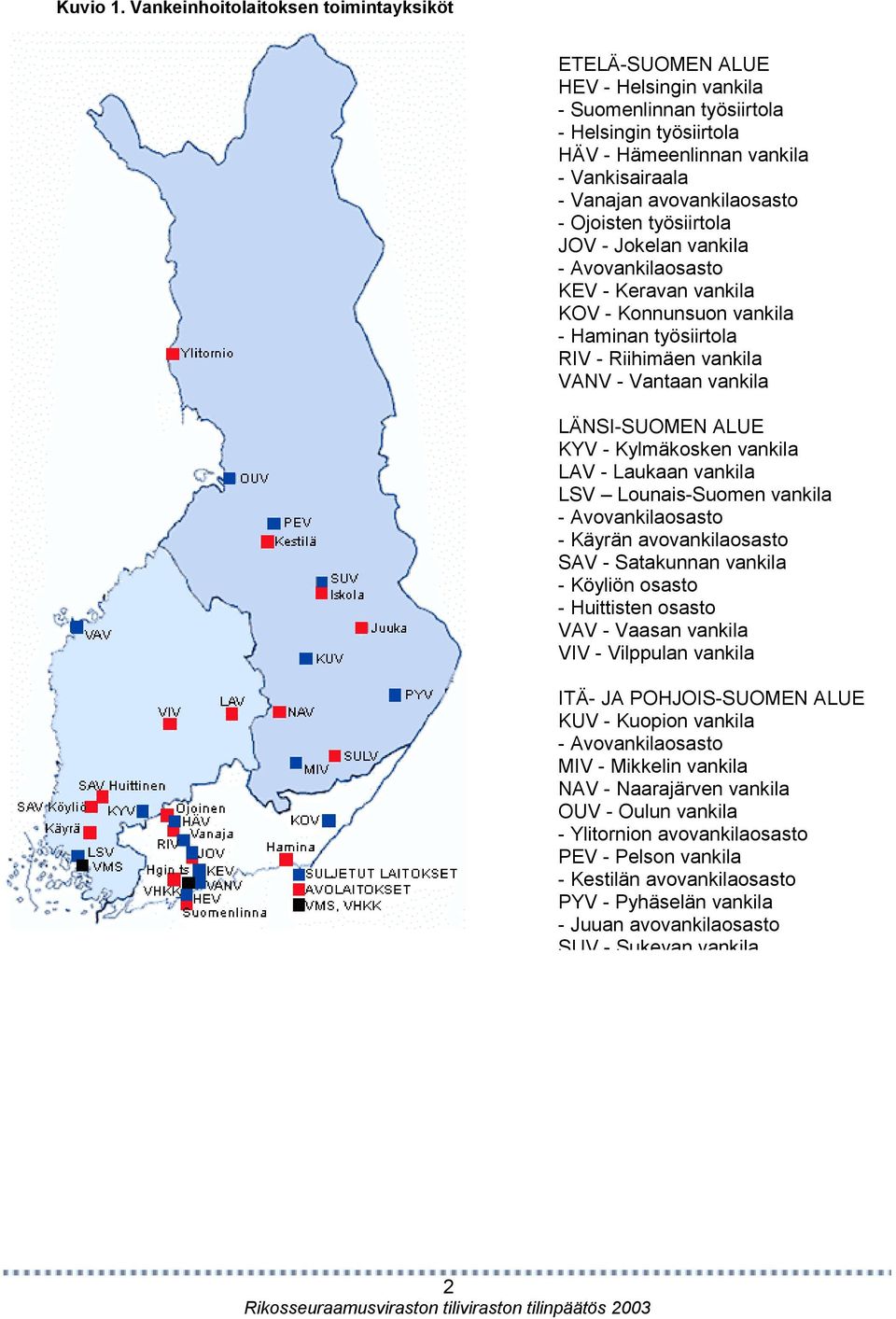 avovankilaosasto - Ojoisten työsiirtola JOV - Jokelan vankila - Avovankilaosasto KEV - Keravan vankila KOV - Konnunsuon vankila - Haminan työsiirtola RIV - Riihimäen vankila VANV - Vantaan vankila