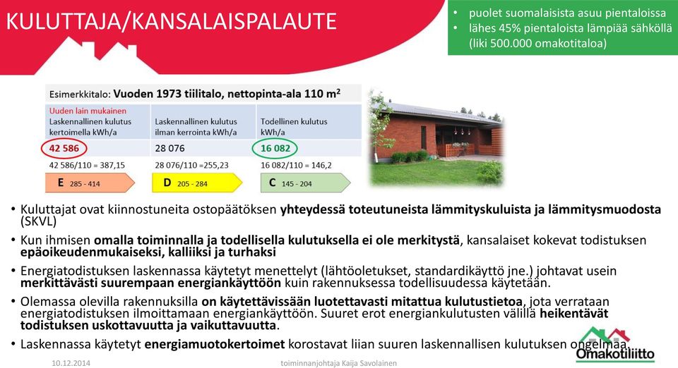 merkitystä, kansalaiset kokevat todistuksen epäoikeudenmukaiseksi, kalliiksi ja turhaksi Energiatodistuksen laskennassa käytetyt menettelyt (lähtöoletukset, standardikäyttö jne.