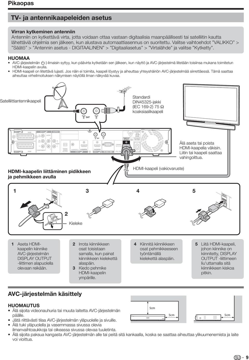 AVC-järjestelmän B-ilmaisin syttyy, kun päävirta kytketään sen jälkeen, kun näyttö ja AVC-järjestelmä liitetään toisiinsa mukana toimitetun HDMI-kaapelin avulla. HDMI-kaapeli on liitettävä lujasti.