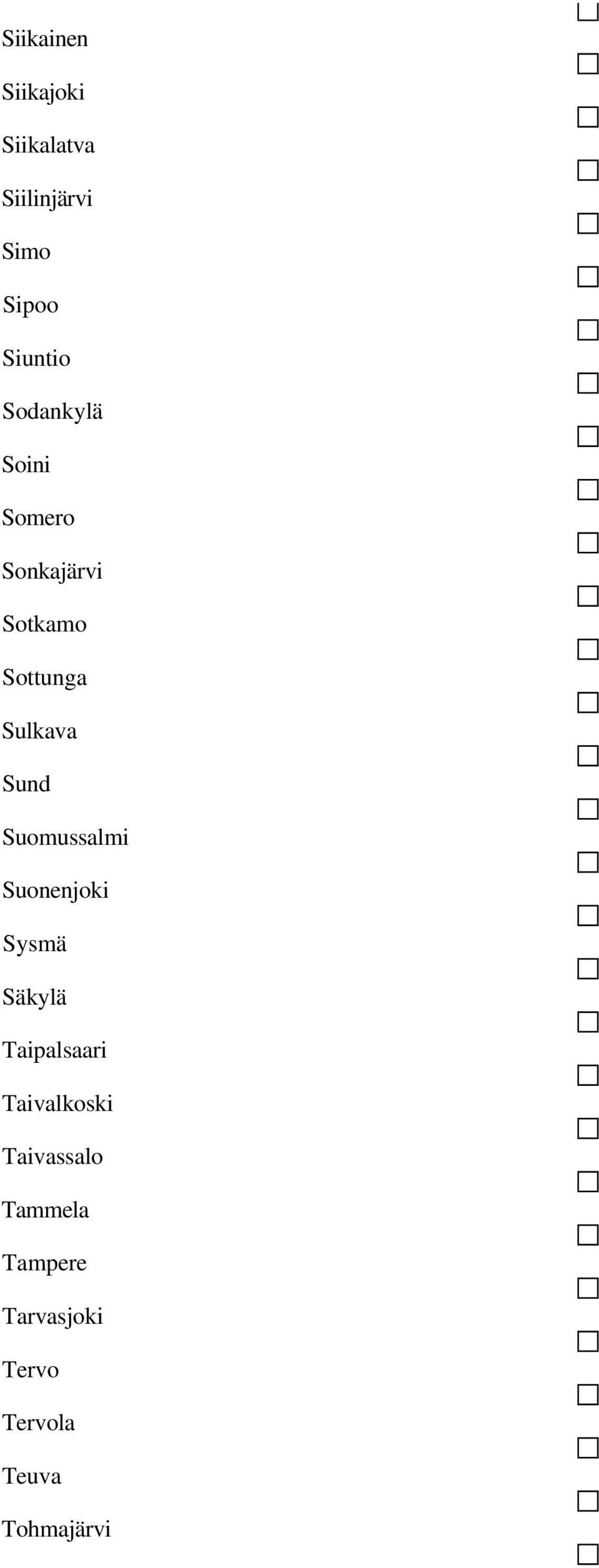 Suomussalmi Suonenjoki Sysmä Säkylä Taipalsaari Taivalkoski