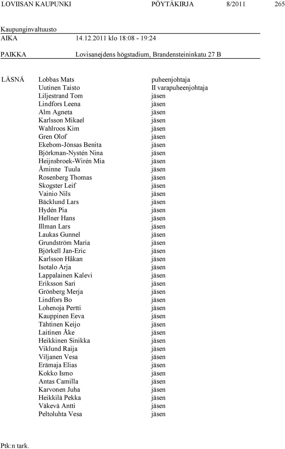 Mikael Wahlroos Kim Gren Olof Ekebom-Jönsas Benita Björkman-Nystén Nina Heijnsbroek-Wirén Mia Åminne Tuula Rosenberg Thomas Skogster Leif Vainio Nils Bäcklund Lars Hydén Pia Hellner Hans Illman Lars