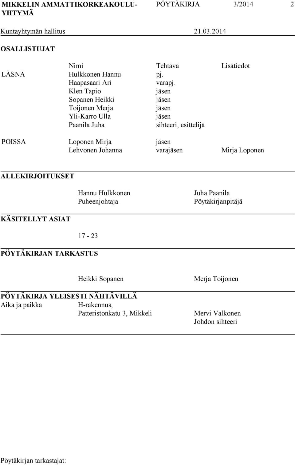 Klen Tapio jäsen Sopanen Heikki jäsen Toijonen Merja jäsen Yli-Karro Ulla jäsen Paanila Juha sihteeri, esittelijä POISSA Loponen Mirja jäsen Lehvonen