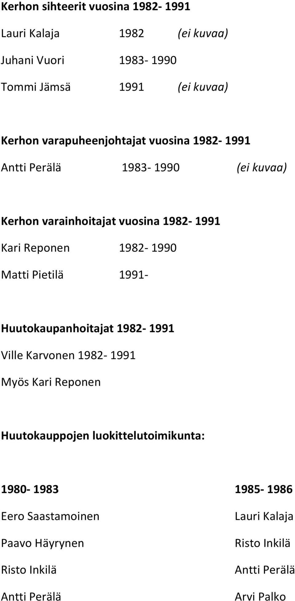 1982-1990 Matti Pietilä 1991- Huutokaupanhoitajat 1982-1991 Ville Karvonen 1982-1991 Myös Kari Reponen Huutokauppojen