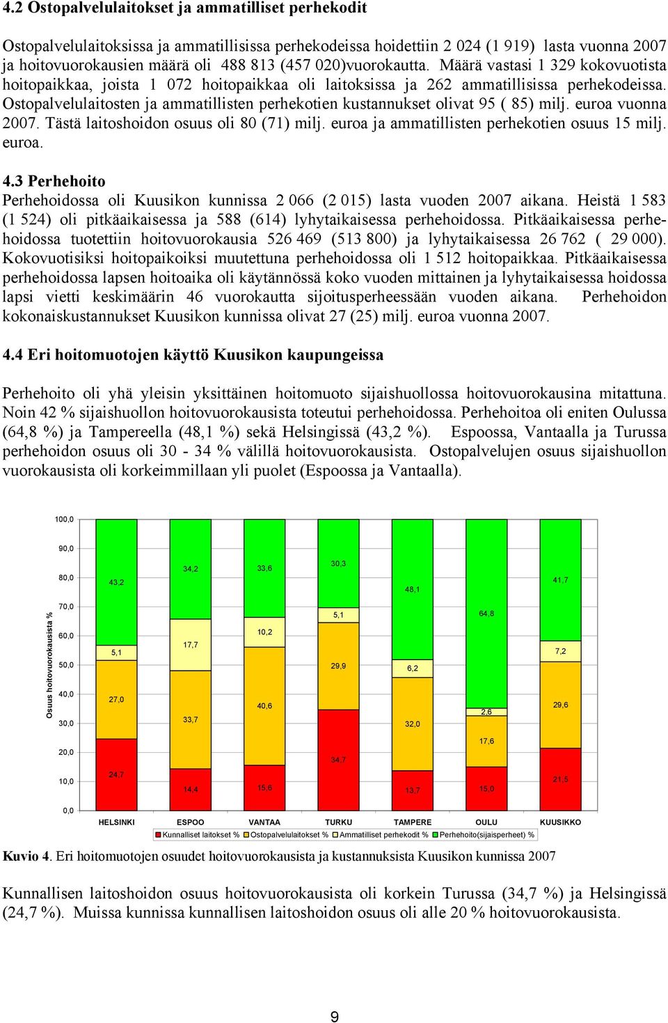Ostopalvelulaitosten ja ammatillisten perhekotien kustannukset olivat 95 ( 85) milj. euroa vuonna 2007. Tästä laitoshoidon osuus oli 80 (71) milj. euroa ja ammatillisten perhekotien osuus 15 milj.