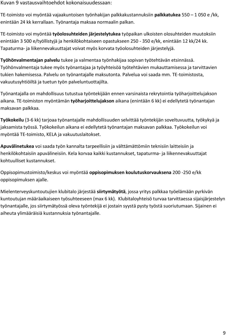 TE-toimisto voi myöntää työolosuhteiden järjestelytukea työpaikan ulkoisten olosuhteiden muutoksiin enintään 3 500 e/työllistyjä ja henkilökohtaiseen opastukseen 250-350 e/kk, enintään 12 kk/24 kk.