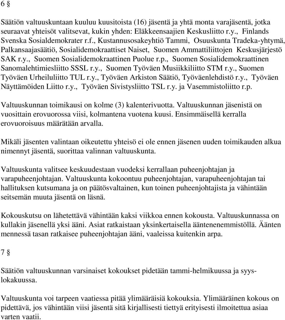 , Suomen Sosialidemokraattinen Sanomalehtimiesliitto SSSL r.y., Suomen Työväen Musiikkiliitto STM r.y., Suomen Työväen Urheiluliitto TUL r.y., Työväen Arkiston Säätiö, Työväenlehdistö r.y., Työväen Näyttämöiden Liitto r.