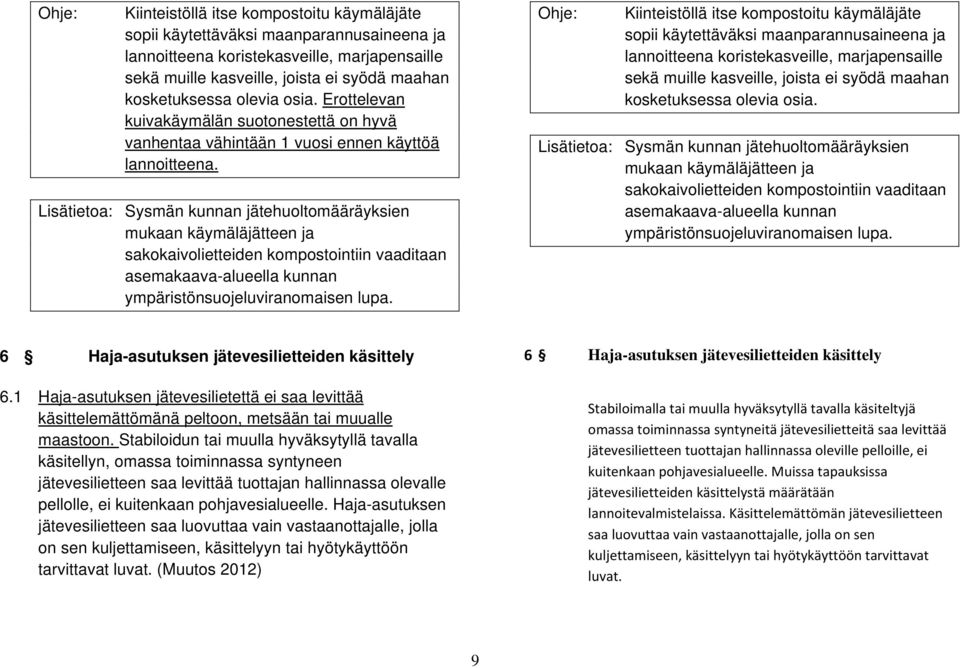 Lisätietoa: Sysmän kunnan jätehuoltomääräyksien mukaan käymäläjätteen ja sakokaivolietteiden kompostointiin vaaditaan asemakaava-alueella kunnan ympäristönsuojeluviranomaisen lupa.  olevia osia.