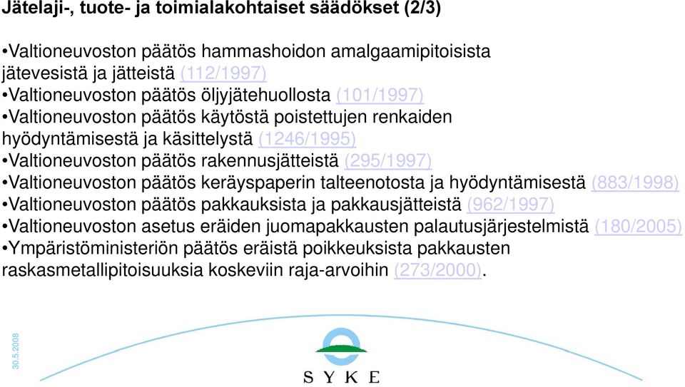 (295/1997) Valtioneuvoston päätös keräyspaperin talteenotosta ja hyödyntämisestä (883/1998) Valtioneuvoston päätös pakkauksista ja pakkausjätteistä (962/1997) Valtioneuvoston