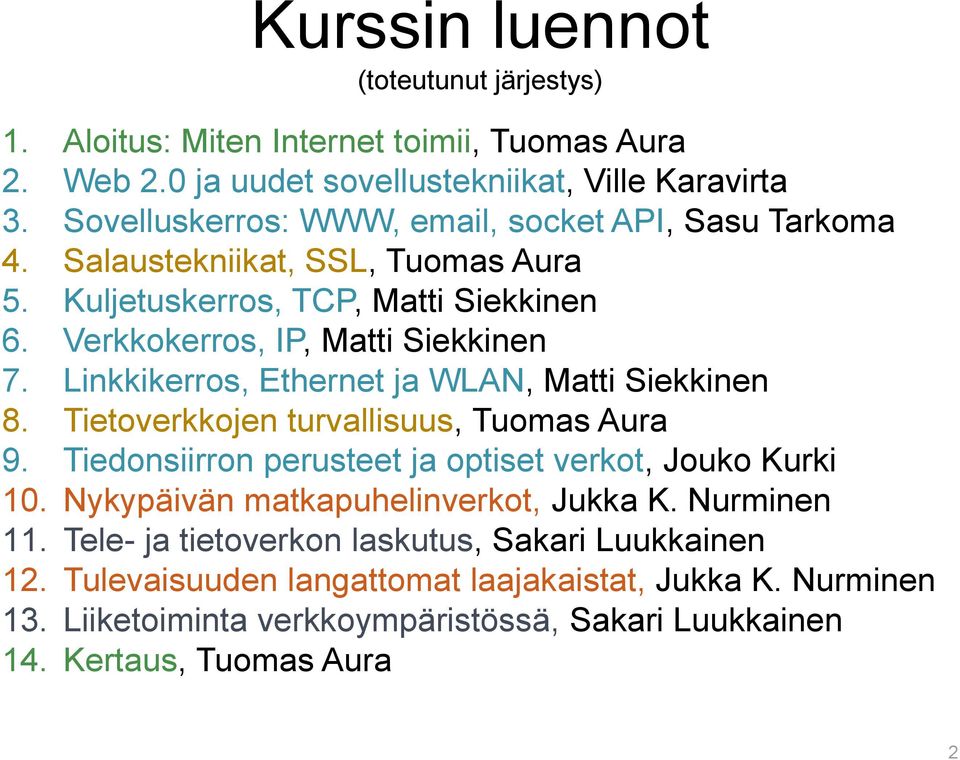 Linkkikerros, Ethernet ja WLAN, Matti Siekkinen 8. Tietoverkkojen turvallisuus, Tuomas Aura 9. Tiedonsiirron perusteet ja optiset verkot, Jouko Kurki 10.