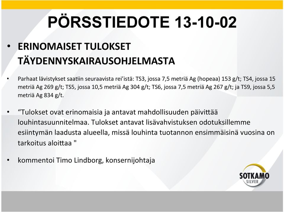 metriä Ag 834 g/t. Tulokset ovat erinomaisia ja antavat mahdollisuuden päivi1ää louhintasuunnitelmaa.