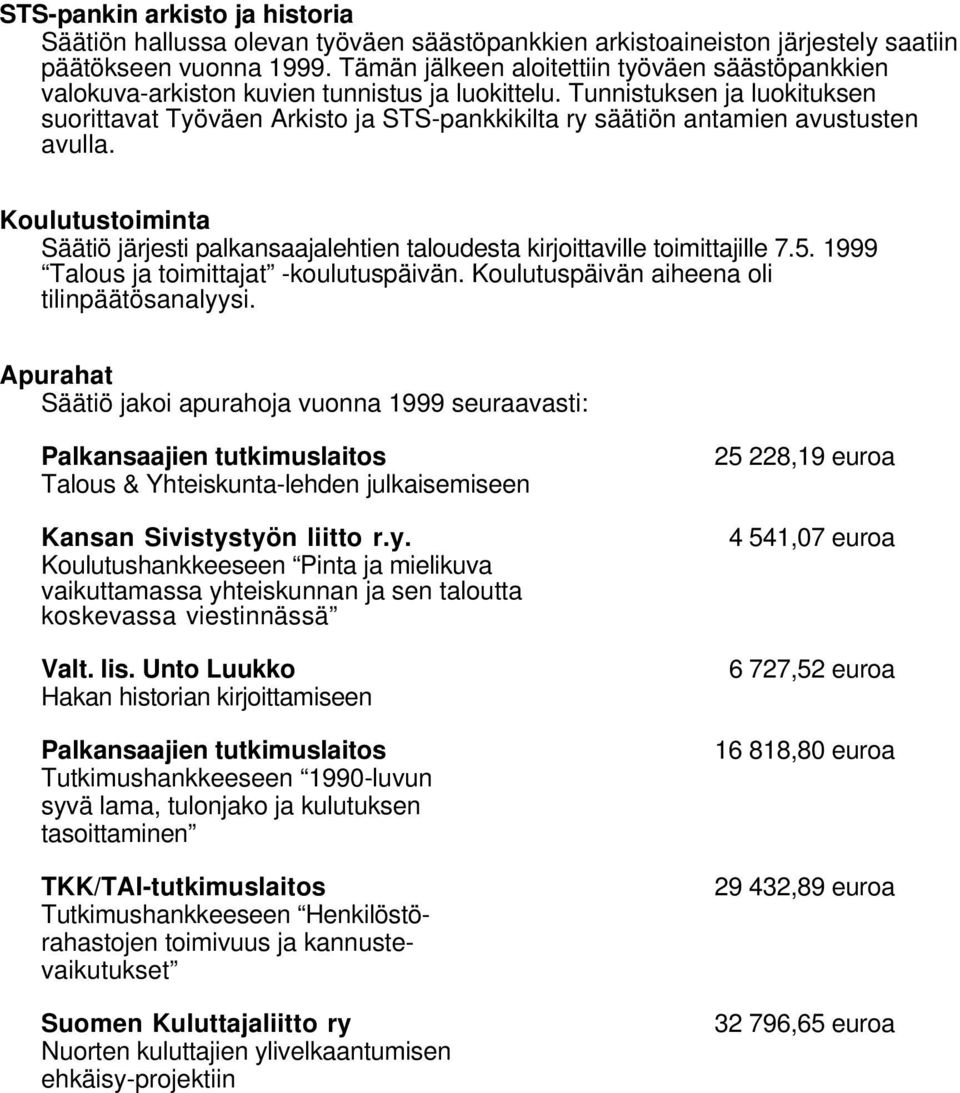 Tunnistuksen ja luokituksen suorittavat Työväen Arkisto ja STS-pankkikilta ry säätiön antamien avustusten avulla.