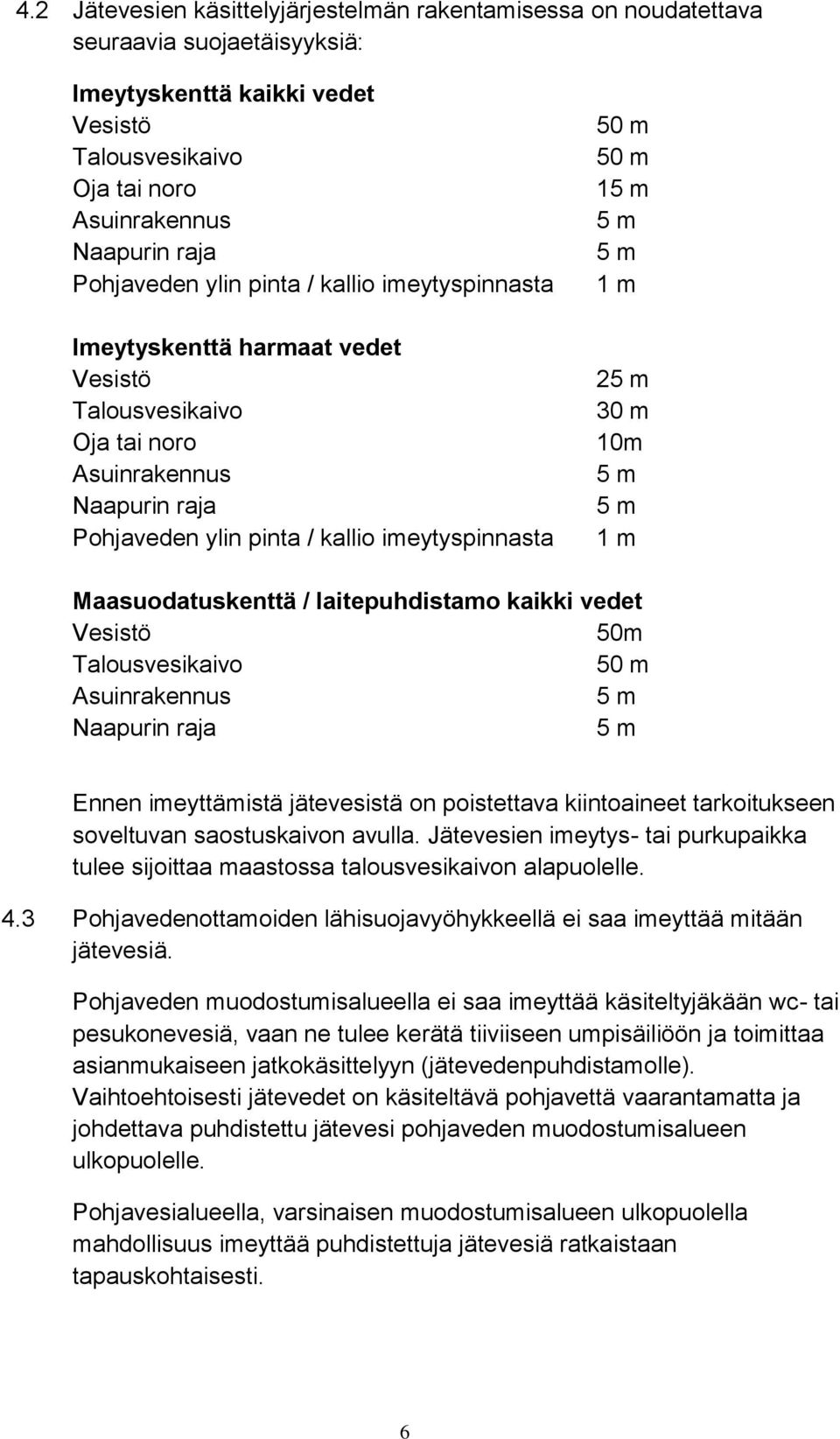 1 m 25 m 30 m 10m 5 m 5 m 1 m Maasuodatuskenttä / laitepuhdistamo kaikki vedet Vesistö 50m Talousvesikaivo 50 m Asuinrakennus 5 m Naapurin raja 5 m Ennen imeyttämistä jätevesistä on poistettava