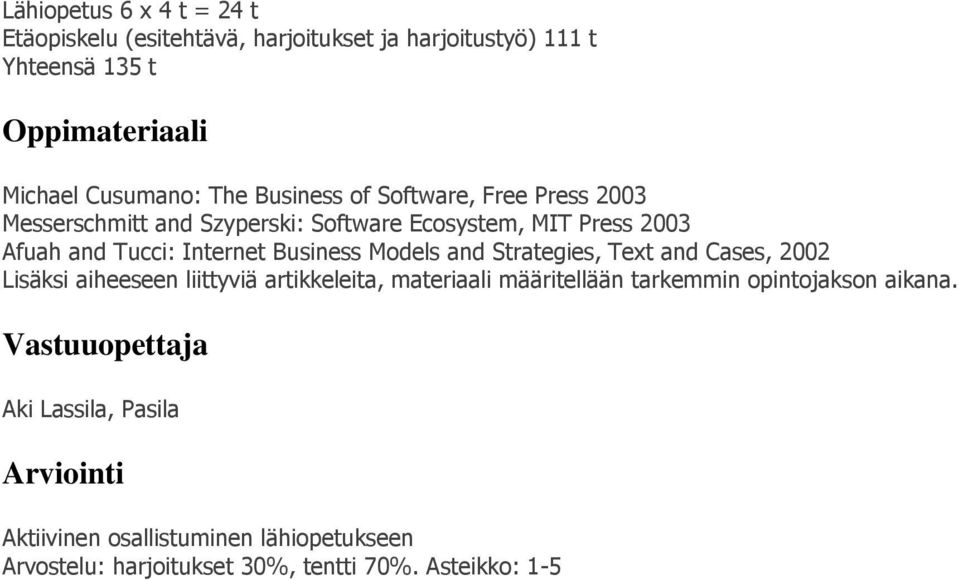 Models and Strategies, Text and Cases, 2002 Lisäksi aiheeseen liittyviä artikkeleita, materiaali määritellään tarkemmin opintojakson aikana.