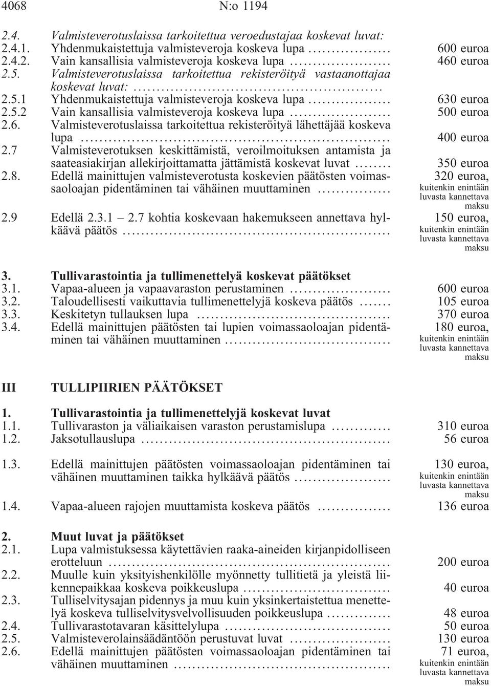 .. 500 euroa 2.6. Valmisteverotuslaissa tarkoitettua rekisteröityä lähettäjää koskeva lupa... 400 euroa 2.