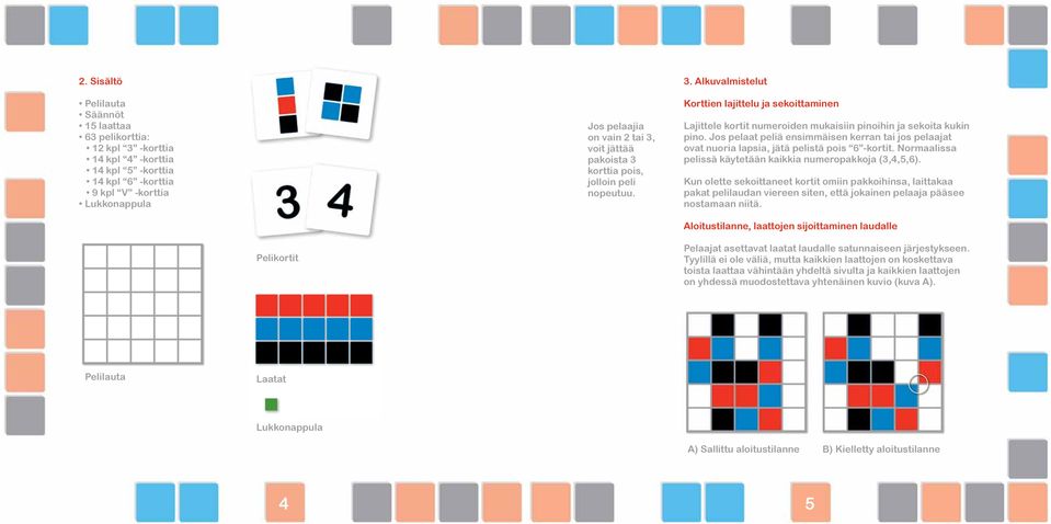 Jos pelaat peliä ensimmäisen kerran tai jos pelaajat ovat nuoria lapsia, jätä pelistä pois 6 -kortit. Normaalissa pelissä käytetään kaikkia numeropakkoja (3,4,5,6).