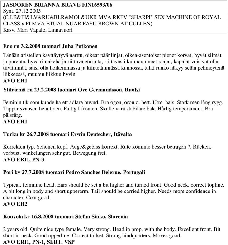 2008 tuomari Juha Putkonen Tänään aristellen käyttäytyvä narttu, oikeat päänlinjat, oikea-asentoiset pienet korvat, hyvät silmät ja purenta, hyvä rintakehä ja riittävä eturinta, riittävästi