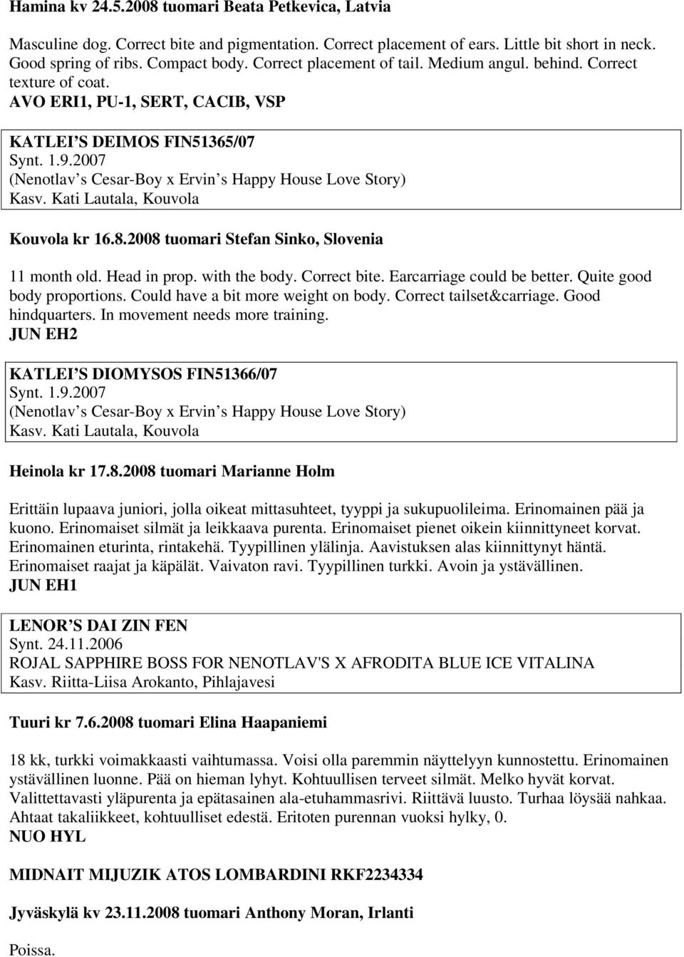 2007 (Nenotlav s Cesar-Boy x Ervin s Happy House Love Story) Kasv. Kati Lautala, Kouvola Kouvola kr 16.8.2008 tuomari Stefan Sinko, Slovenia 11 month old. Head in prop. with the body. Correct bite.