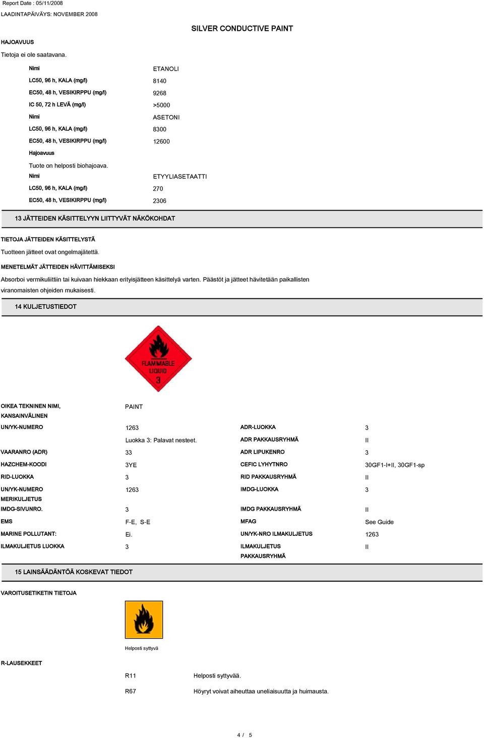 LC50, 96 h, KALA (mg/l) 270 EC50, 48 h, VESIKIRPPU (mg/l) 206 1 JÄTTEIDEN KÄSITTELYYN LTTYVÄT NÄKÖKOHDAT TIETOJA JÄTTEIDEN KÄSITTELYSTÄ Tuotteen jätteet ovat ongelmajätettä.