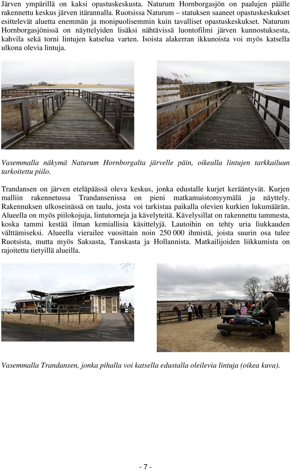 Naturum Hornborgasjönissä on näyttelyiden lisäksi nähtävissä luontofilmi järven kunnostuksesta, kahvila sekä torni lintujen katselua varten.