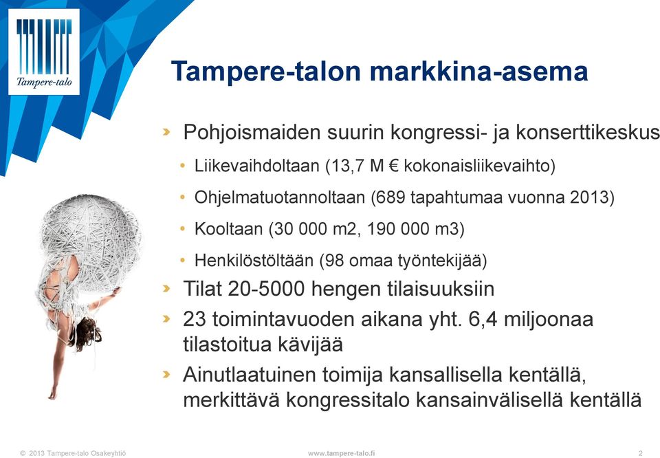 Henkilöstöltään (98 omaa työntekijää) Tilat 20-5000 hengen tilaisuuksiin 23 toimintavuoden aikana yht.