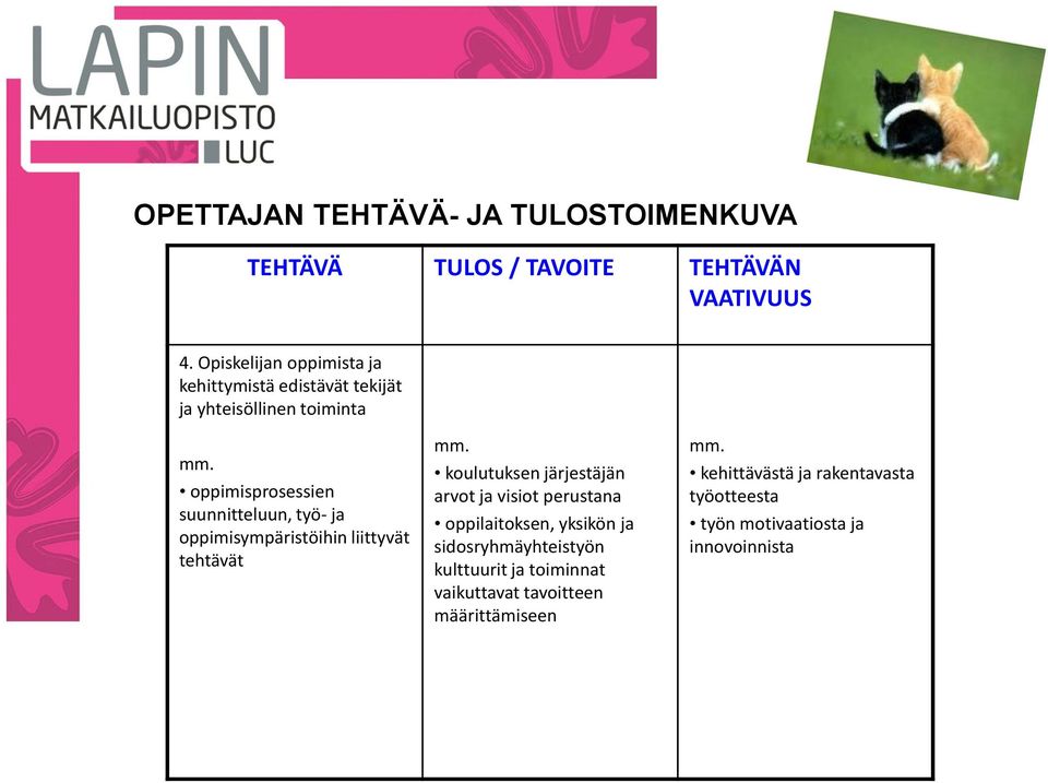 ja oppimisympäristöihin liittyvät tehtävät koulutuksen järjestäjän arvot ja visiot perustana oppilaitoksen, yksikön ja