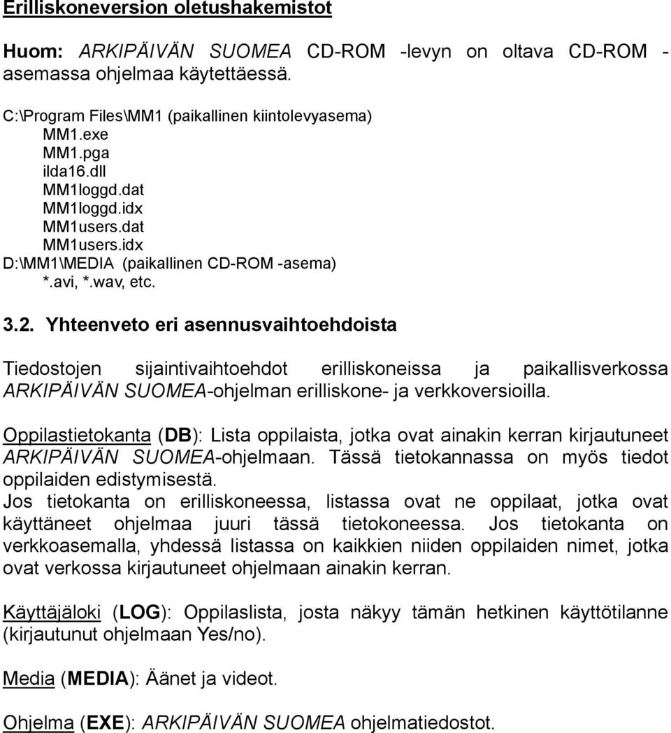 Yhteenveto eri asennusvaihtoehdoista Tiedostojen sijaintivaihtoehdot erilliskoneissa ja paikallisverkossa ARKIPÄIVÄN SUOMEA-ohjelman erilliskone- ja verkkoversioilla.