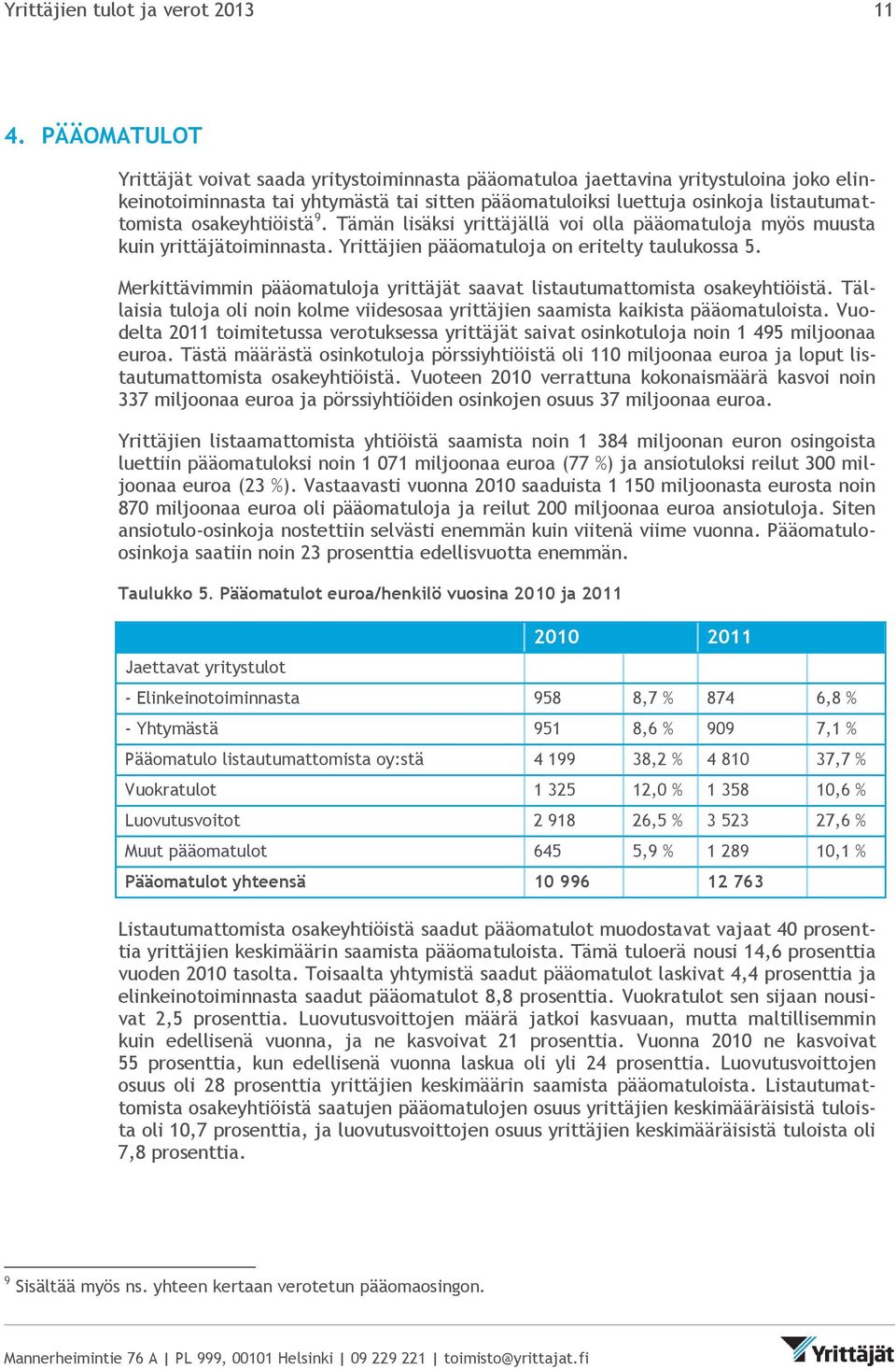 osakeyhtiöistä 9. Tämän lisäksi yrittäjällä voi olla pääomatuloja myös muusta kuin yrittäjätoiminnasta. Yrittäjien pääomatuloja on eritelty taulukossa 5.