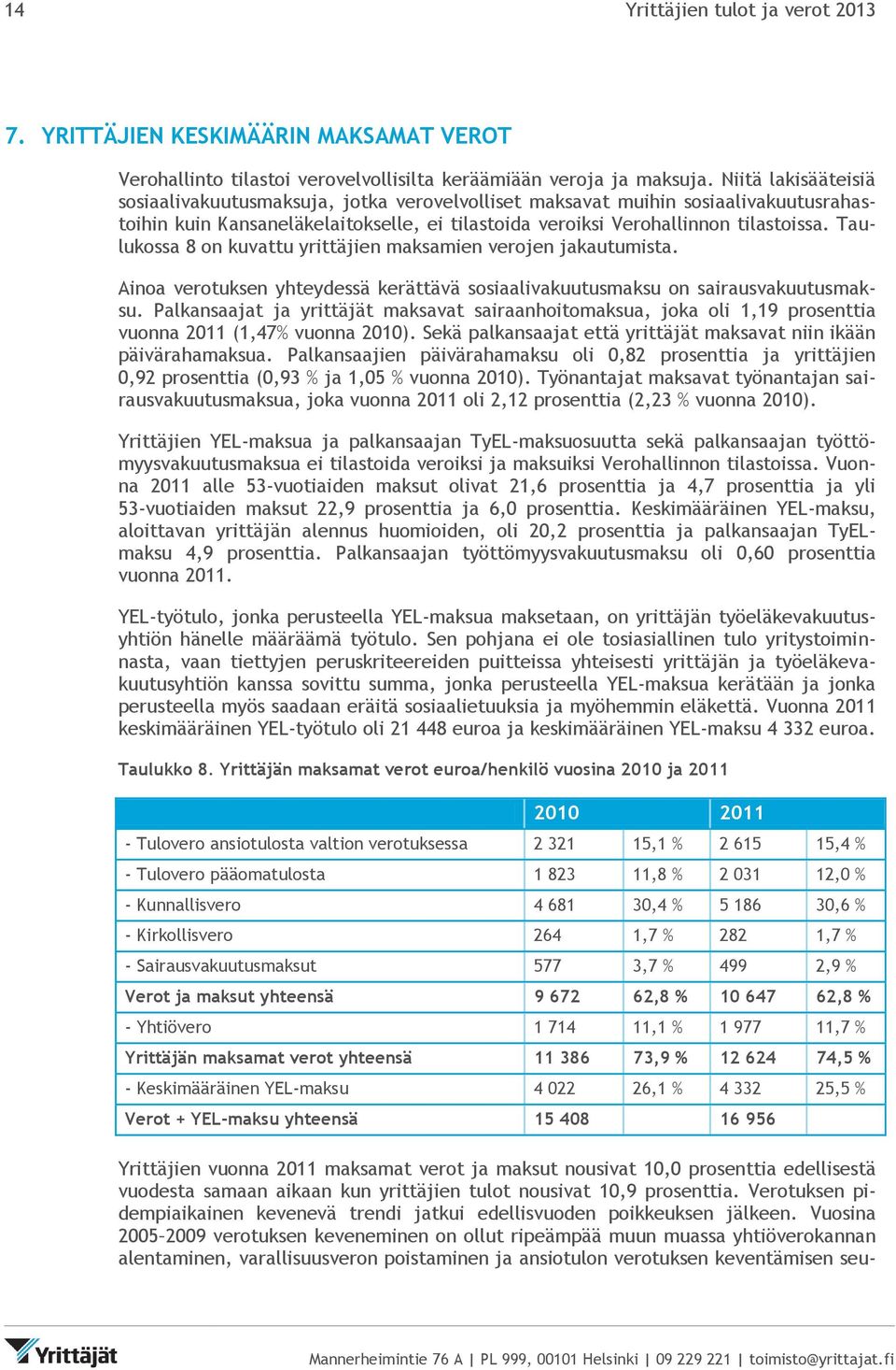 Taulukossa 8 on kuvattu yrittäjien maksamien verojen jakautumista. Ainoa verotuksen yhteydessä kerättävä sosiaalivakuutusmaksu on sairausvakuutusmaksu.