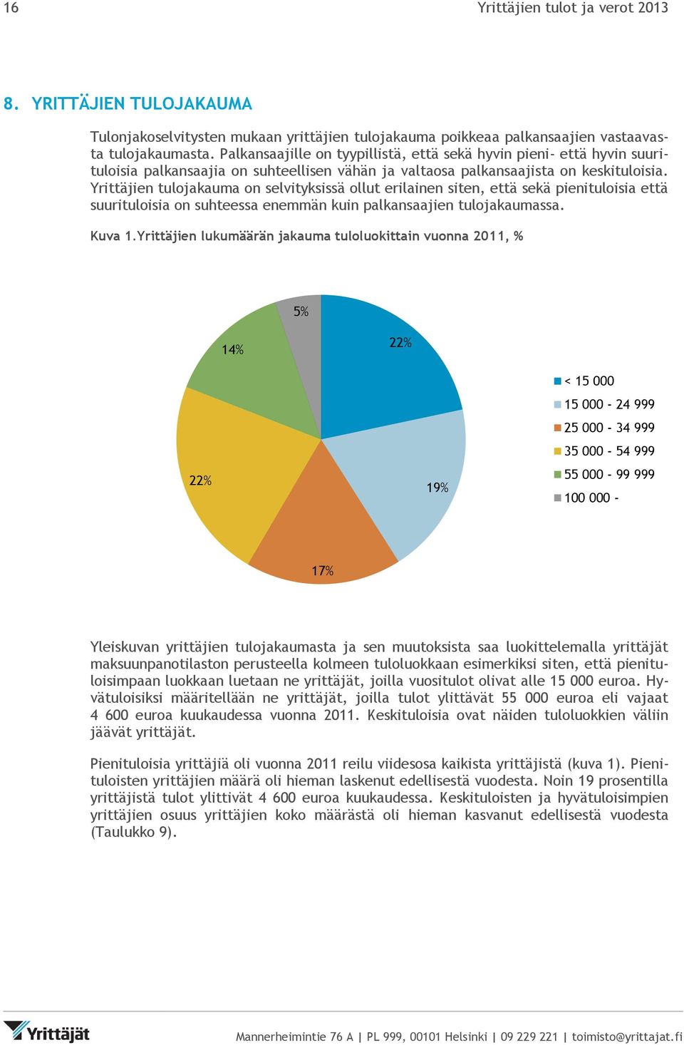 Yrittäjien tulojakauma on selvityksissä ollut erilainen siten, että sekä pienituloisia että suurituloisia on suhteessa enemmän kuin palkansaajien tulojakaumassa. Kuva 1.