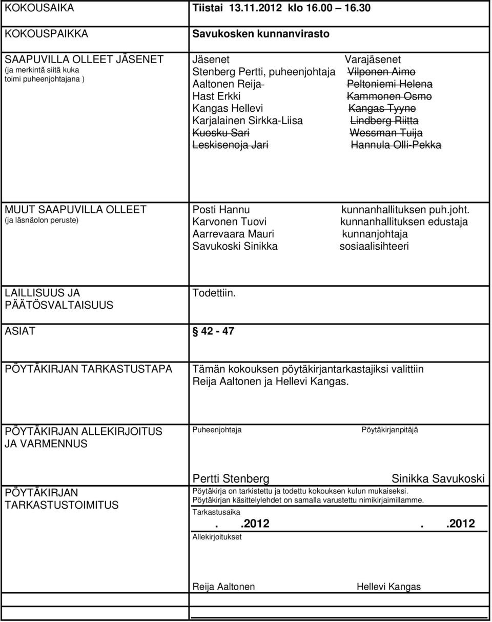 Karjalainen Sirkka-Liisa Kuosku Sari Leskisenoja Jari Varajäsenet Vilponen Aimo Peltoniemi Helena Kammonen Osmo Kangas Tyyne Lindberg Riitta Wessman Tuija Hannula Olli-Pekka MUUT SAAPUVILLA OLLEET