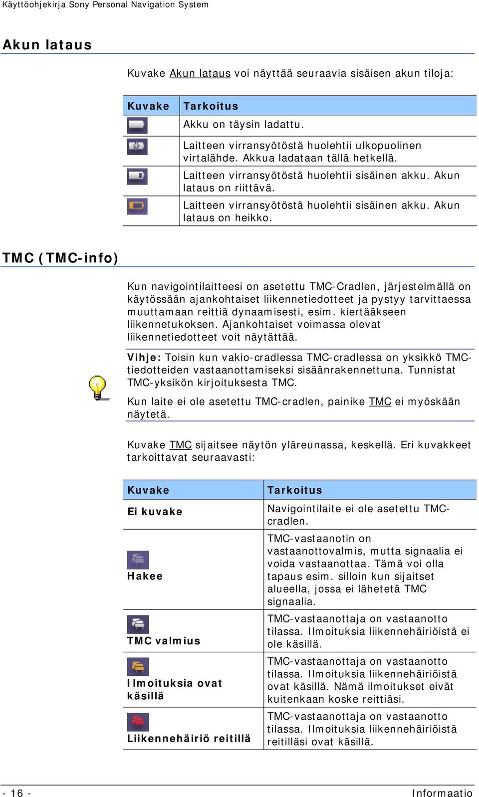 TMC (TMC-info) Kun navigointilaitteesi on asetettu TMC-Cradlen, järjestelmällä on käytössään ajankohtaiset liikennetiedotteet ja pystyy tarvittaessa muuttamaan reittiä dynaamisesti, esim.