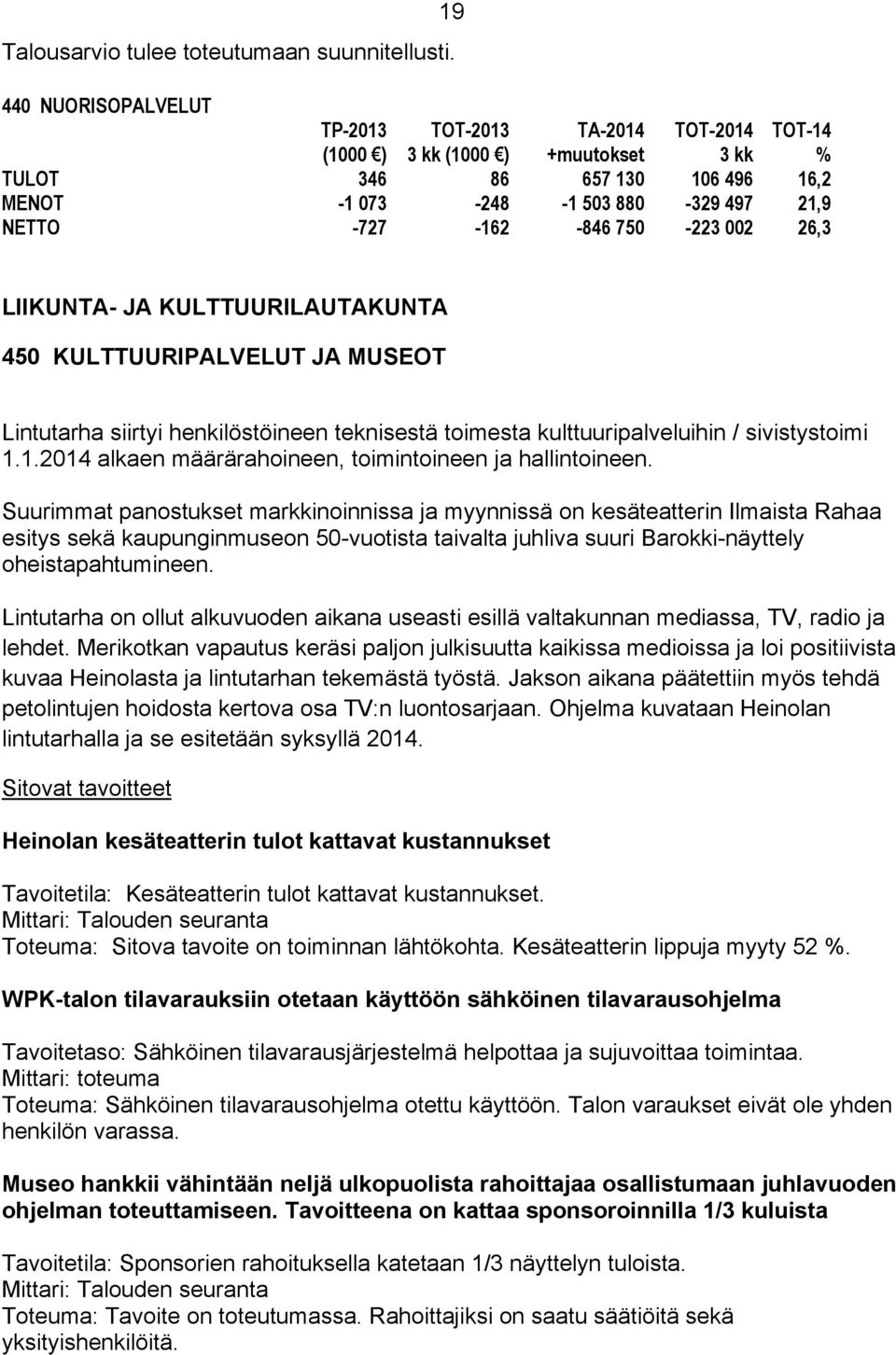 Lintutarha siirtyi henkilöstöineen teknisestä toimesta kulttuuripalveluihin / sivistystoimi 1.1.2014 alkaen määrärahoineen, toimintoineen ja hallintoineen.