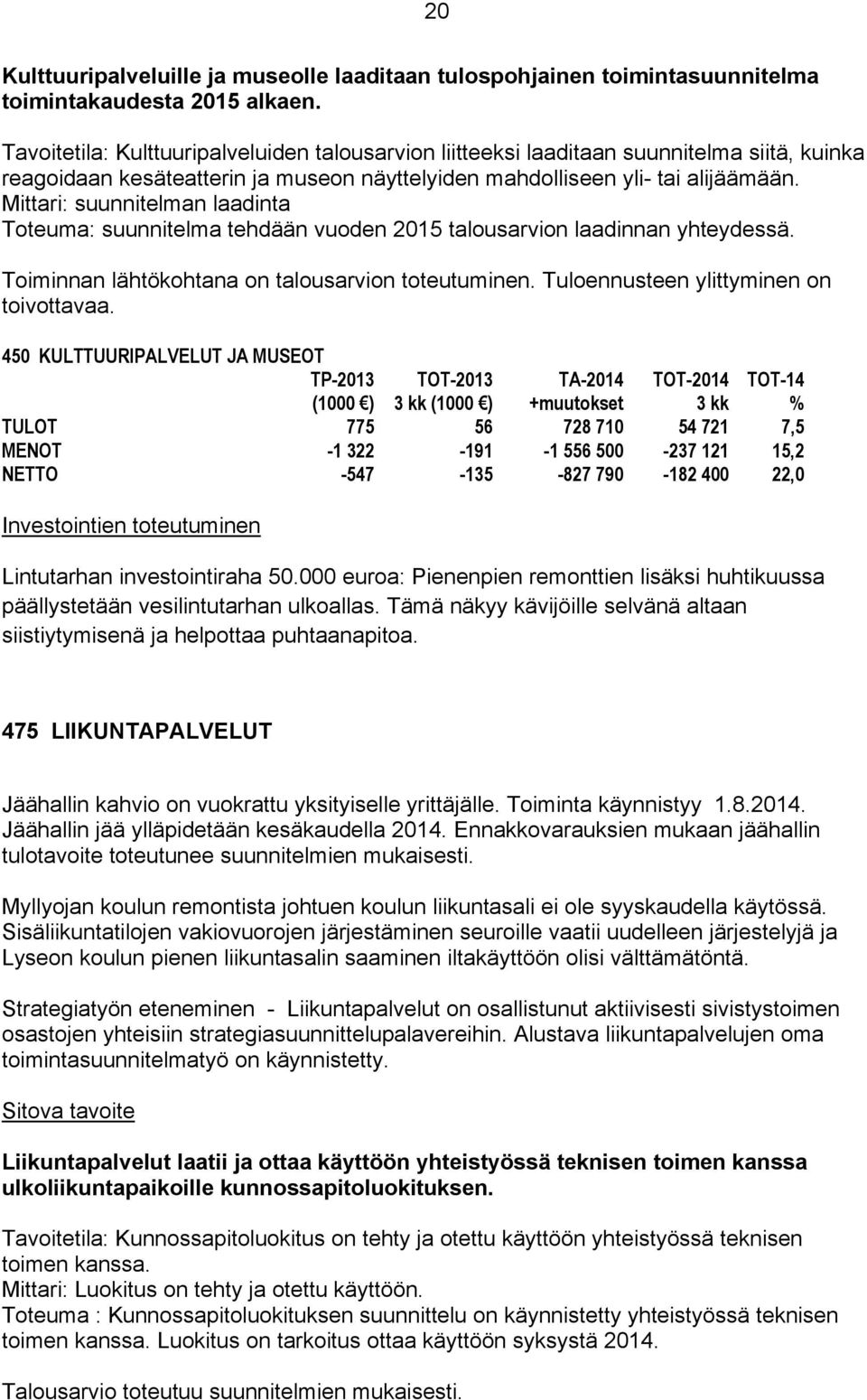 Mittari: suunnitelman laadinta Toteuma: suunnitelma tehdään vuoden 2015 talousarvion laadinnan yhteydessä. Toiminnan lähtökohtana on talousarvion toteutuminen.
