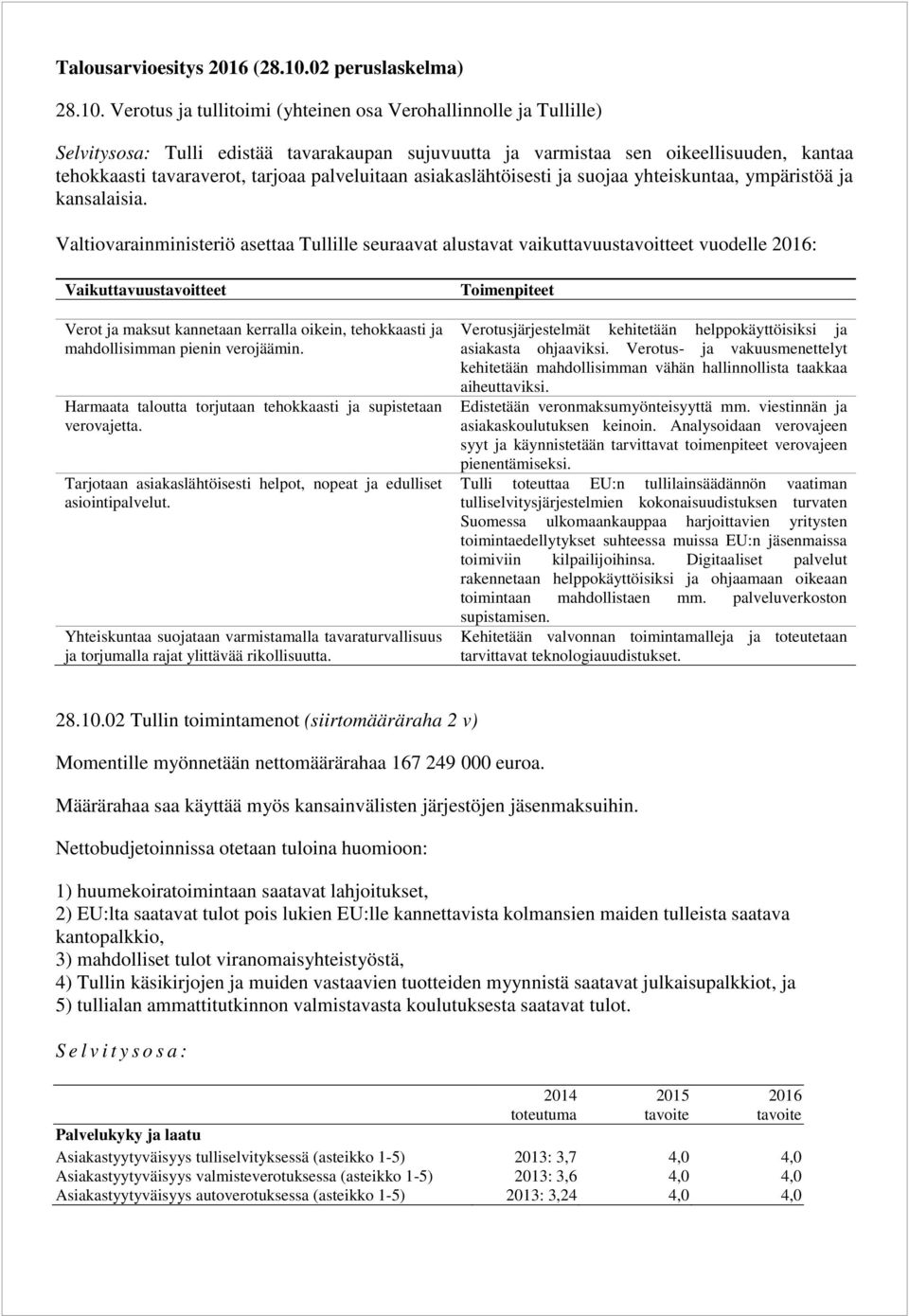 Verotus ja tullitoimi (yhteinen osa Verohallinnolle ja Tullille) Selvitysosa: Tulli edistää tavarakaupan sujuvuutta ja varmistaa sen oikeellisuuden, kantaa tehokkaasti tavaraverot, tarjoaa