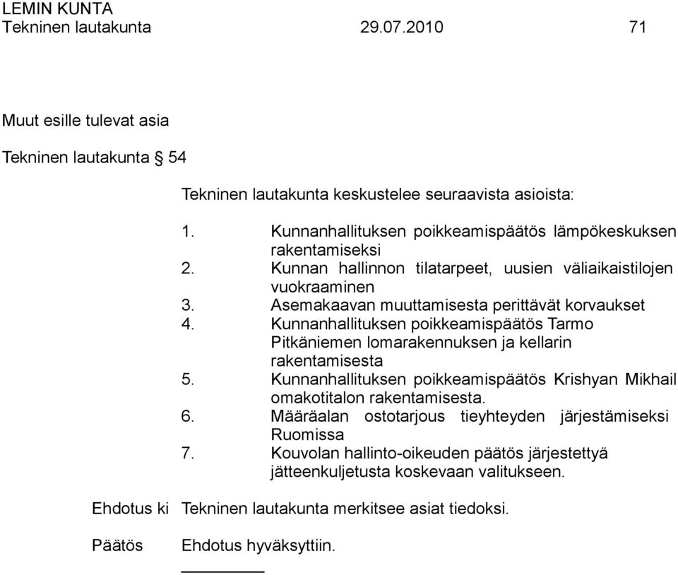 Asemakaavan muuttamisesta perittävät korvaukset 4. Kunnanhallituksen poikkeamispäätös Tarmo Pitkäniemen lomarakennuksen ja kellarin rakentamisesta 5.