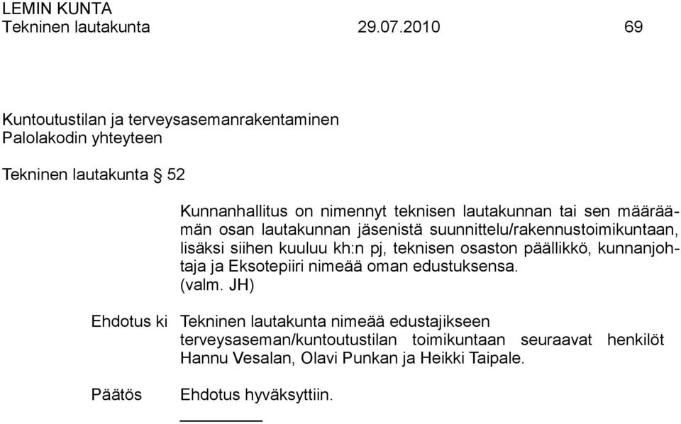 lautakunnan tai sen määräämän osan lautakunnan jäsenistä suunnittelu/rakennustoimikuntaan, lisäksi siihen kuuluu kh:n pj, teknisen