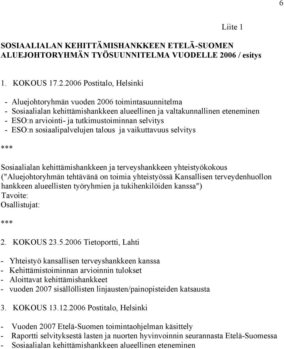 2006 Postitalo, Helsinki - Aluejohtoryhmän vuoden 2006 toimintasuunnitelma - Sosiaalialan kehittämishankkeen alueellinen ja valtakunnallinen eteneminen - ESO:n arviointi- ja tutkimustoiminnan
